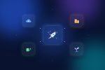 Illustration of an AI startup rocket linked to cloud credits, big tech, investment and incubator icons