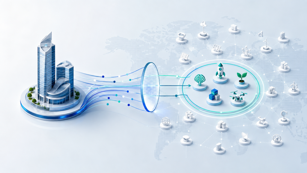 Illustration of a corporation using ecosystem data to identify and connect with relevant startups across different technology sectors.