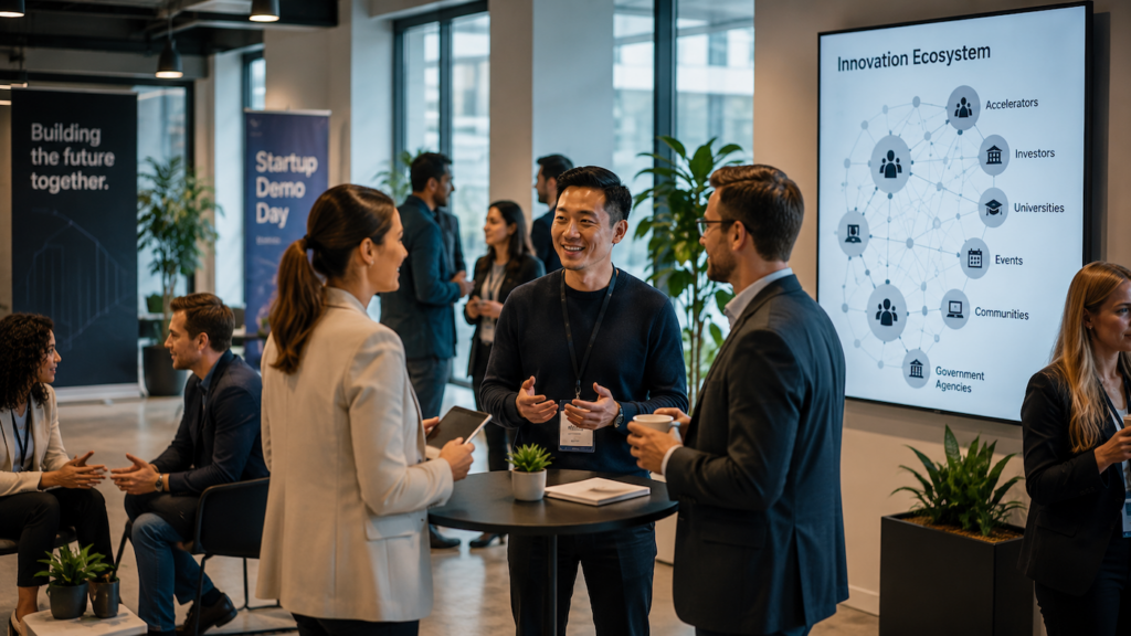 Startup founders, investors, and corporate representatives networking at an innovation ecosystem event.