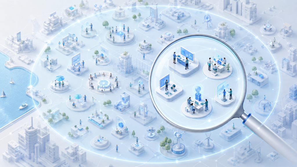 Illustration of a startup ecosystem viewed through a magnifying glass, highlighting a smaller group of relevant startups within a wider network.