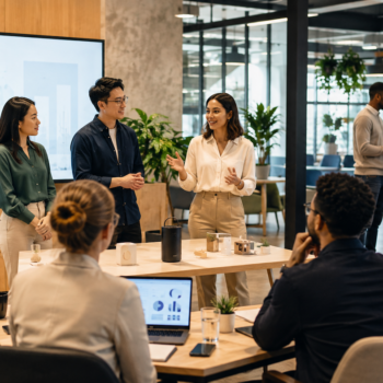 Startup founders presenting a business idea to corporate representatives during a startup program pitch session.