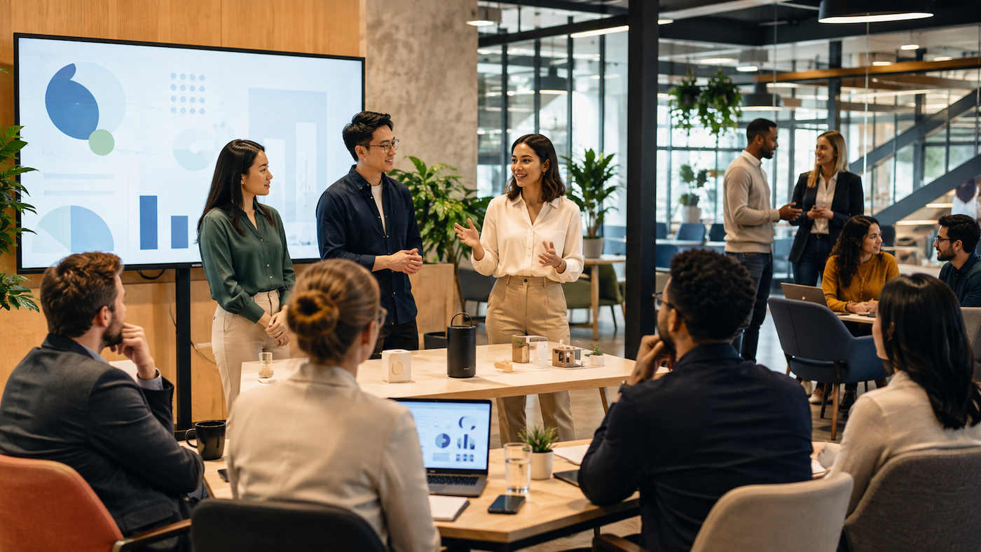 Startup founders presenting a business idea to corporate representatives during a startup program pitch session.